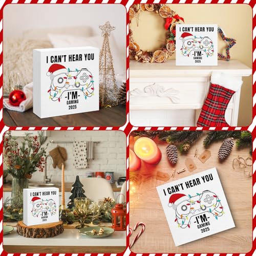 Image of Gaming Christmas Decor, Gamer Gifts, I Can't Hear You I'm Gaming Wood Box Sign, Christmas Home Office Decorations for Desk Table Shelf 5 X 5 Inches