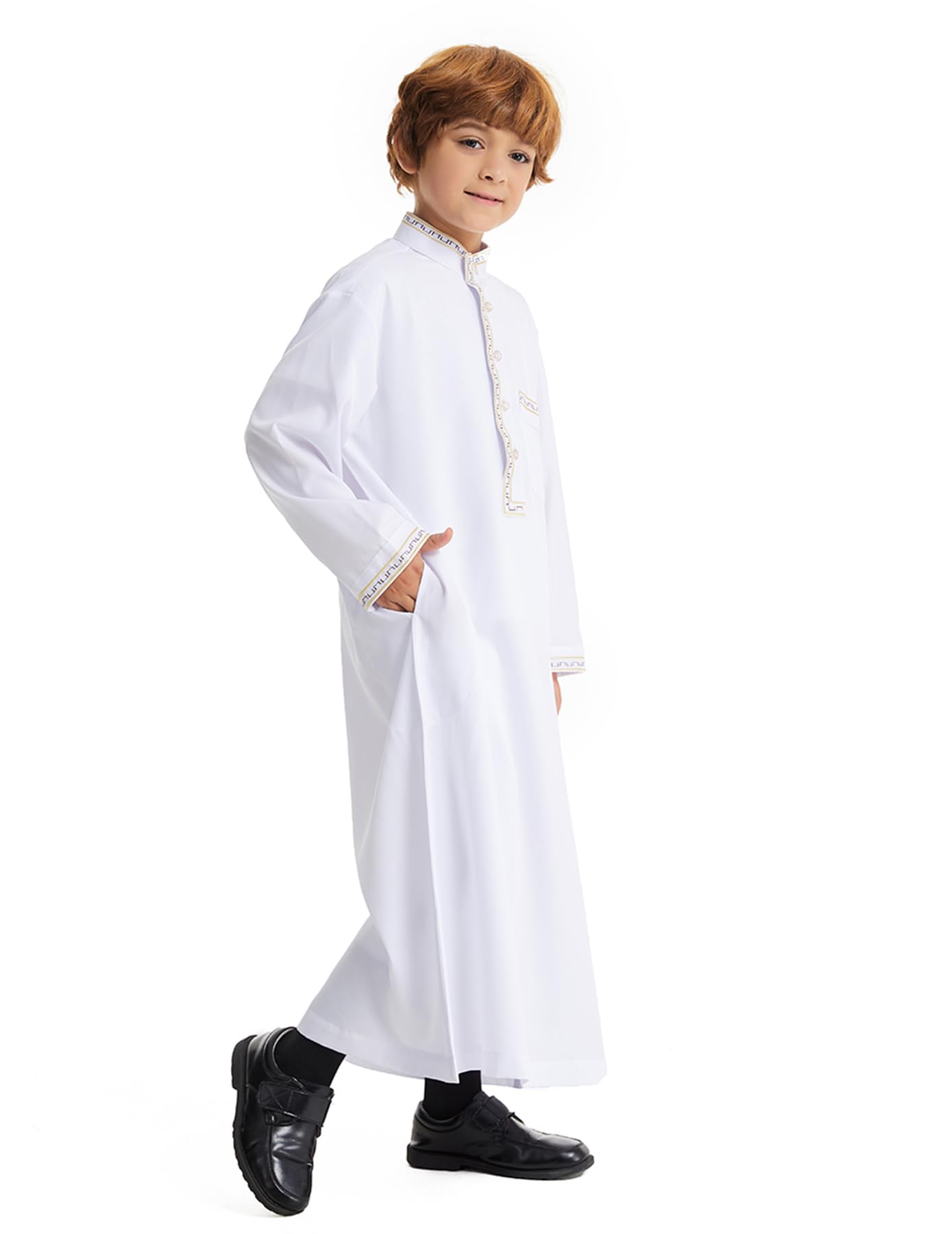 Qianliniuinc Robe islamique à col rond pour garçon - Manches longues - Robe musulmane avec poches