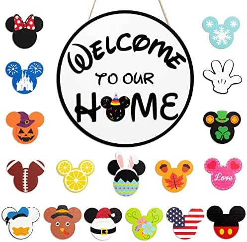 19Pcs Mouse Seasonal Interchangeable Welcome Door Sign Welcome to Our Home Hanging Signs Wooden Round Decorative Plaques Set for Autumn Halloween Thanksgiving Christmas Home Porch Decor