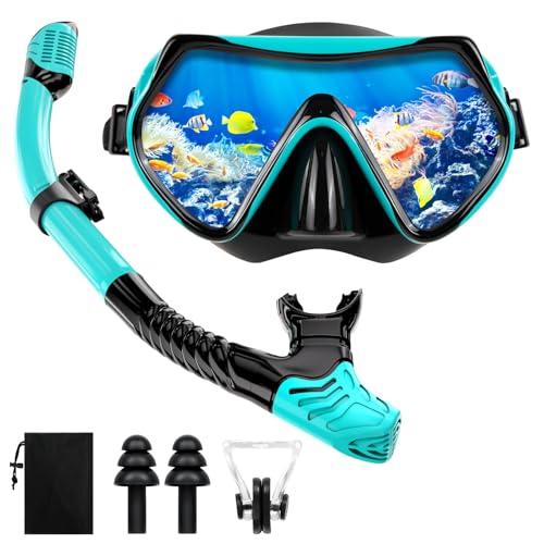 Maschera Snorkeling, Maschera Subacquea Adulti con Maschera e Boccaglio Snorkeling, Maschera per Immersioni Anti-Nebbia & Anti-Perdite Panoramica 180°, Set per Snorkeling Adulti per Donne e Uomo