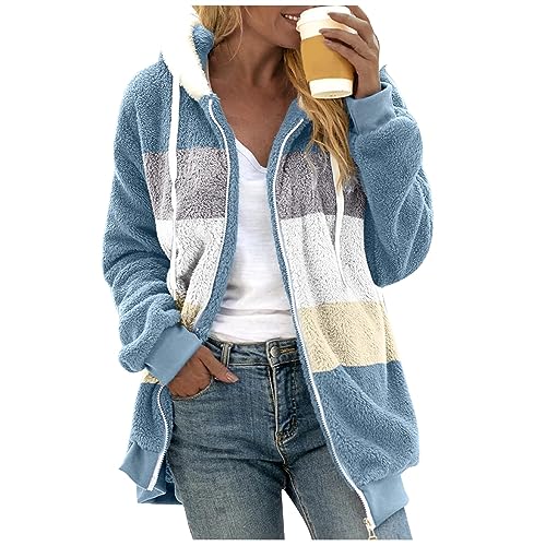 Fuzzy Fleece Jackets for Women Plus Size Hoodies Fall Winter Coats Color Block Patchwork Cardigan Coat with Pockets
