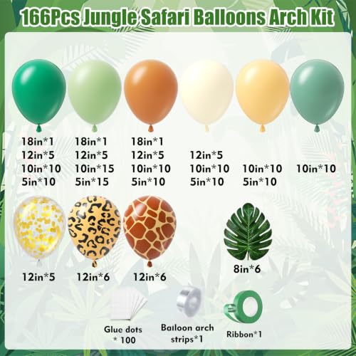PTGOLUO Jungle Safari Balloons Arch Garland Kit 166Pcs with Palm Leaves, Sage Green Brown Animal Print Balloons Arch kit for Two Wild One Safari Baby Shower Tropical Woodland Birthday Party Decoration by PTGOLUO - Used condition - Image 2