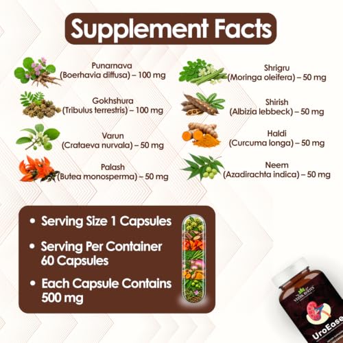 Image of Vedik Roots UroEase Kidney & Uric Acid Support Supplement with Punarnava & Gokhru for Urinary Health 60 Veg Capsules (Pack of 3)