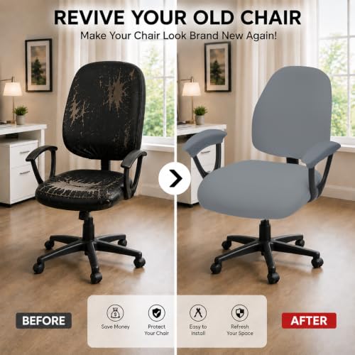 Image of Super Stretchable Separate Office Chair Seat Covers - Universal Spandex Computer Chair Slipcover - Rotating Backrest Coverings & Cushion Protectors & Armrest Covers for Dogs, Cats, Pets, Mid Gray