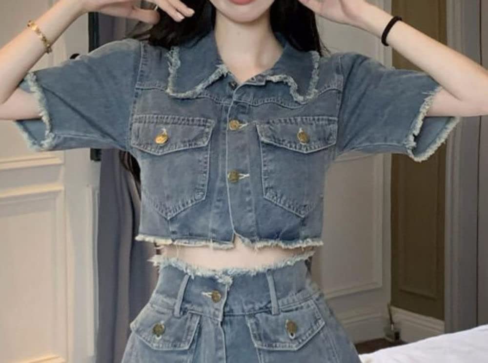 MIDJ Damen-Hemd Mit Knopfleiste,Vintage-Gewaschener Damen-Denim Crop Top Blusenhemd Ausgefranste Lässige Knopfhemdjacke Blaue Reverstaschenblusen Tunika Leichte Jeans Mode-Sweatshirt Für Mädchen