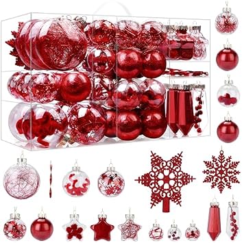 SHareconn 86PCS Christmas Balls Ornaments Set,Shatterproof Plastic Clear Decorative Baubles for Xmas Tree Decor Holiday Wedding Party Decoration, Red