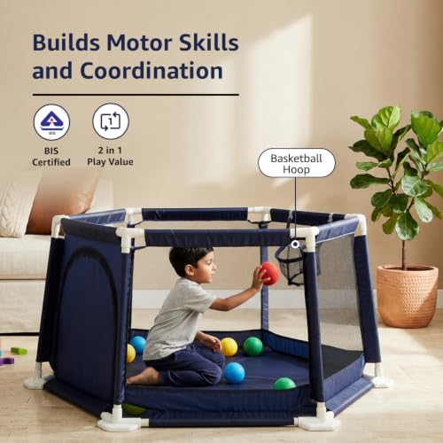 Image of Amazon Brand - Jam & Honey Kids Playpen for Babies & Toddlers | Foldable Baby Ball Pool with Zipper Door & Basketball Hoop | Sturdy Portable Play Area for Kids (Blue, Octagonal)