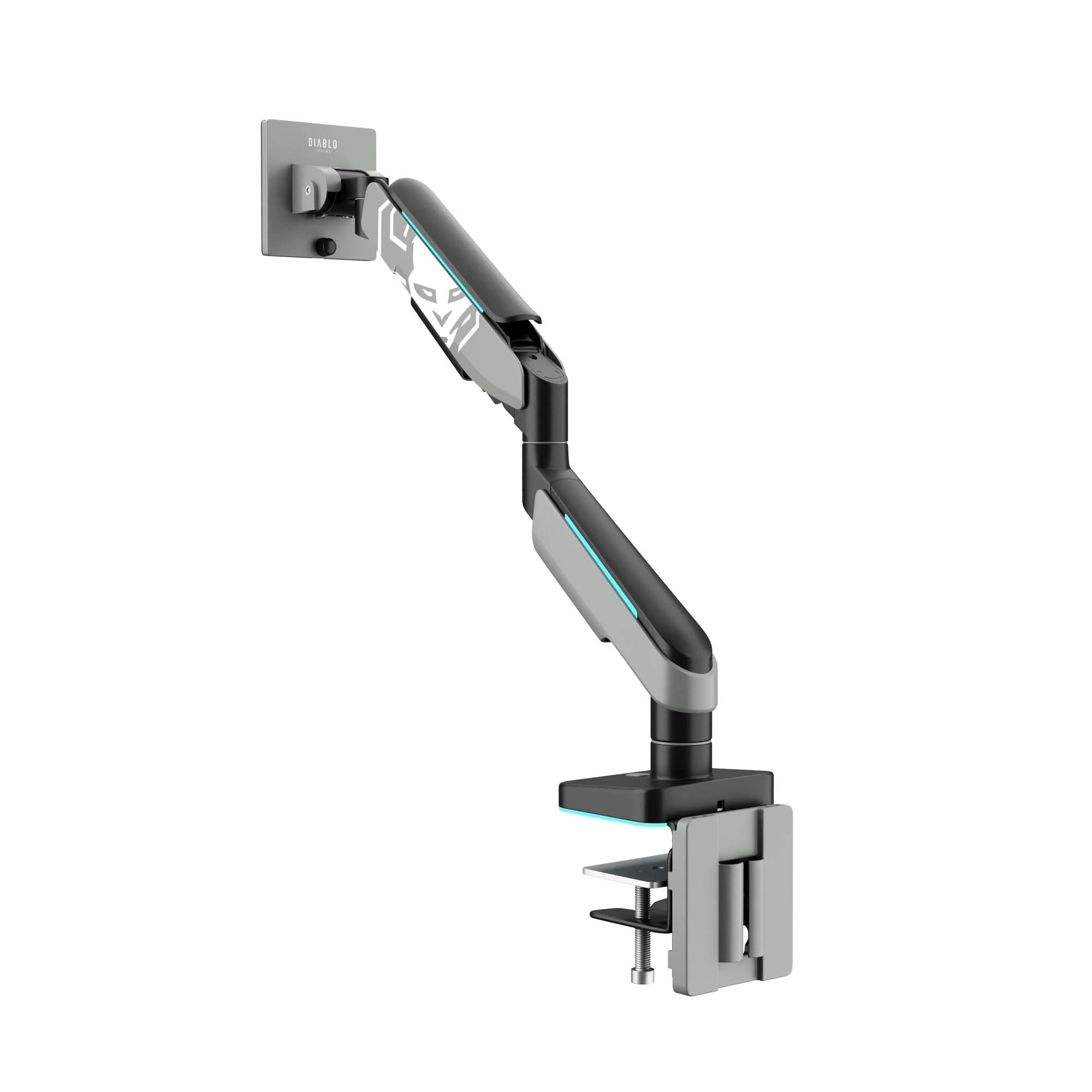 Ramię do monitora PC Diablo X-Arm 17-49 cali, stojak na monitor | Diody LED RGB | VESA 75 i 100 mm | Obrotowe | Zarządzanie kablami | Nośność do 20 kg | Zacisk biurkowy | Szaro-czarny
