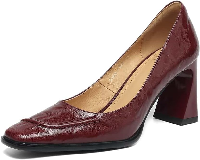TinaCus Handmade Women's Genuine Leather Square Toe Chunky Mid Heel Office Dress Pump Shoes