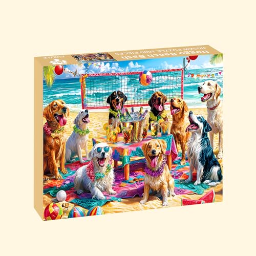 Rompecabezas para adultos de 1000 piezas: 'Doggo Beach Bash', escena playera con perros, decoración para fiestas, tamaño final 27,56 x 19,69 pulgadas, incluye póster a escala 1:1 y letra en el reverso miniatura 2