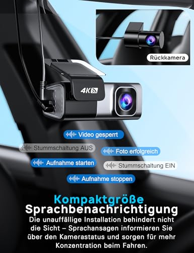 Dashcam Auto Vorne Hinten 4K+1080P, Navycrest 5GHz WiFi Dash Cam mit 64GB SD Karte, Dual Auto Kamera mit Super Nachtsicht, WDR, G-Sensor, 24/7 Parküberwachung, Loop-Aufnahme, APP Steuerung, Max 256G