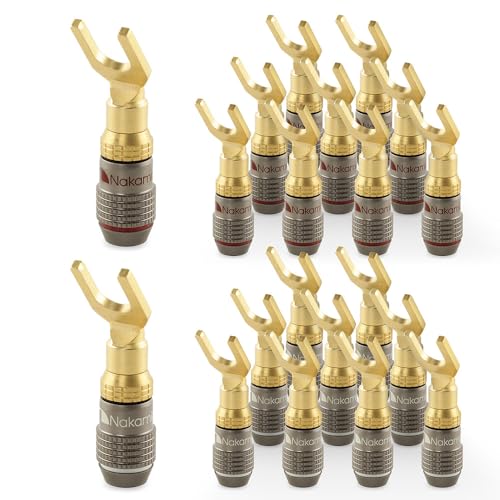 Image of Nakamichi FanLock Excel Series 24k Gold Plated Spade Connector Banana Plug 10 AWG - 18 AWG Gauge Size 4mm for Speakers Amplifier Hi-Fi Home Theatre Wire Cable Quick Connector, 20 Pcs (10-Pairs) | Excel Series, Gauge Size 4mm for Speakers Amplifier Hi-Fi Stereo Radio AV Audio Wire Cable Quick Connector, 20 Pcs (10-Pairs)