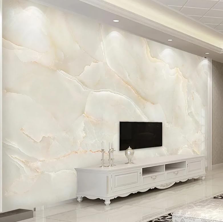 Papier peint marbre beige 3D pour transformer un mur de salon ou de TV terne