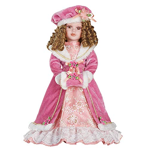 Collections Etc Kelly Winter Victorian Christmas Collectible Porcelain Doll Dressed in Faux Fur Pink Dress - 16
