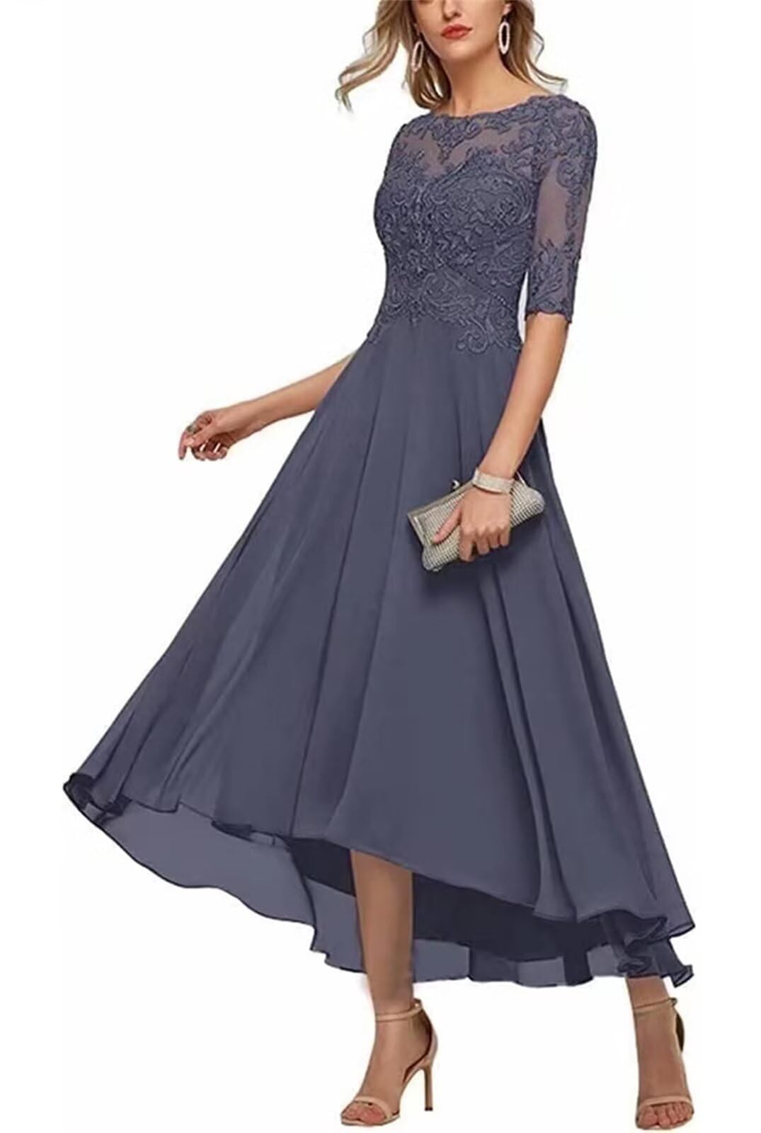 KIYNE Tea Length Mother of the Bride Dresses for Women Lace Applique Chiffon Formal Dress Stormy Blue Chiffon Evening Party Gown UK16