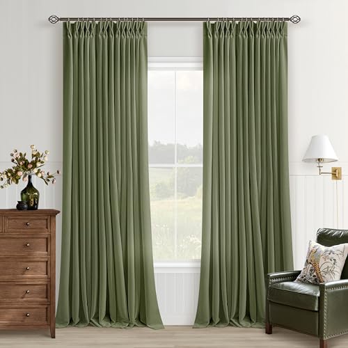 Image of Olive Green Linen Semi Sheer Pinch Pleated Curtains 108 Inch Long | Floor To Ceiling Extra Long, Light Filtering Privacy, Burlap Textured, Living Room, Hook Rings Memory Shape, Rustic Classic