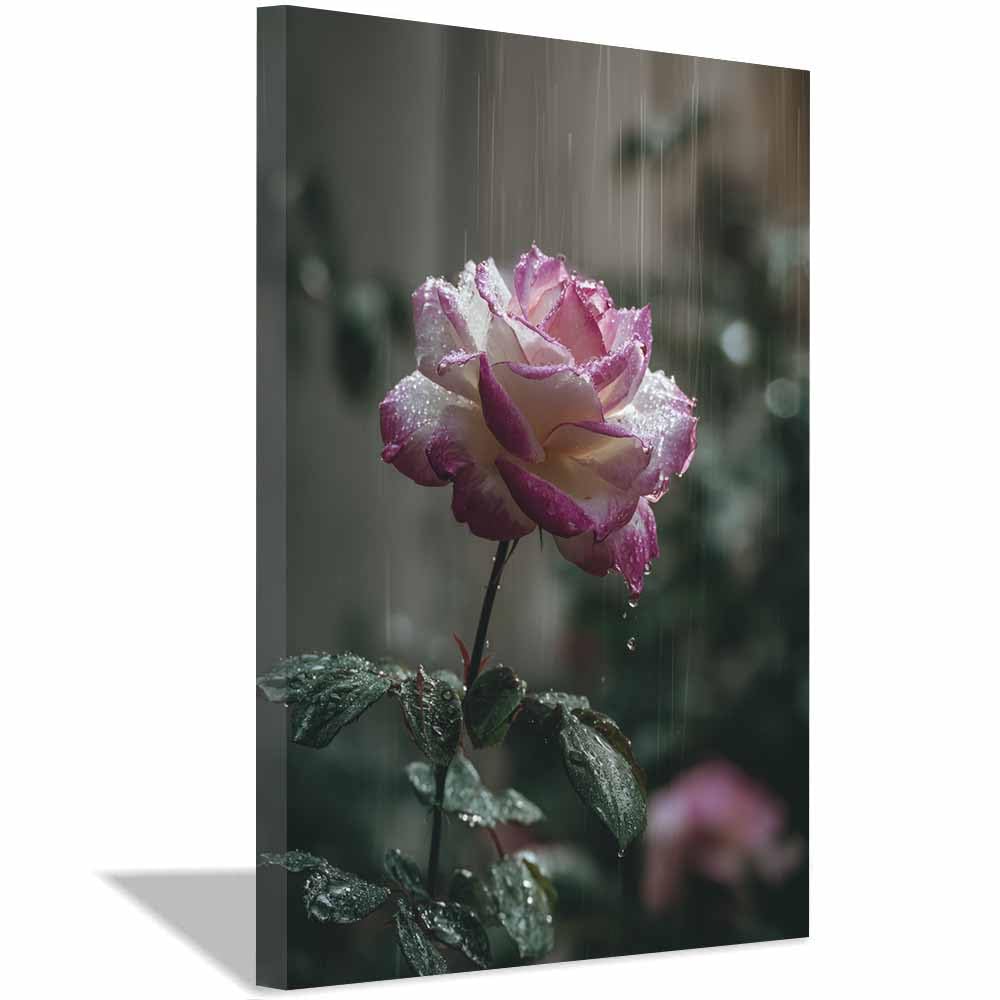 Hoqiu Multicolor Flower Posters Rainy Pink Ros Blooming Modern Canvas Wall Art, Decorative Paintings, Canvas Painting Wall Art For Home Decor.(Multicolor)-60X80cm Framed