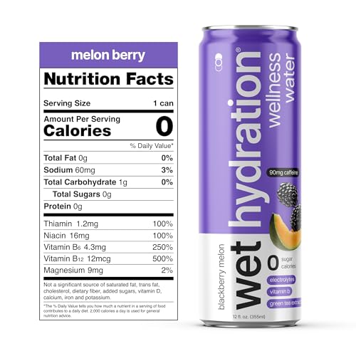 Image of Wet Hydration | Functional Wellness Water, Non-Carbonated - Blackberry Melon (12 Ounce Cans, Pack of 12) - Flavored Water, Hydration Drink, No Sugar, No Artificial Ingredients, Zero Calories (Packaging May Vary)