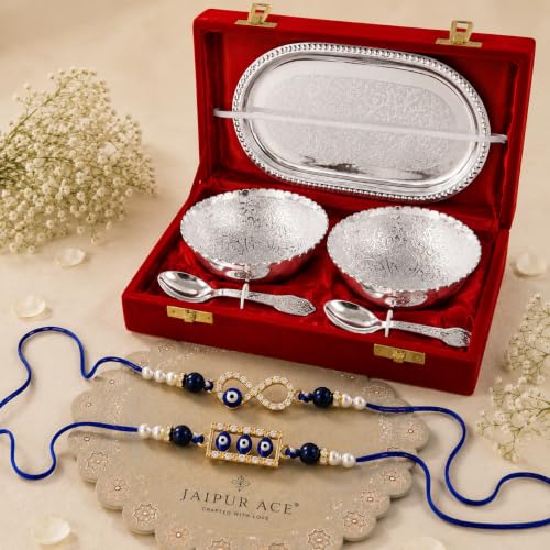 Image of Jaipur Ace Rakhi Gift Hamper for Bhaiya Bhabhi with Silver Plated Bowl Set, Pooja Thali, 2 Designer Rakhis, Roli Chawal, Raksha Bandhan Gift Set for Brother Bhabhi, Premium Rakhi Combo with Red Velvet Box