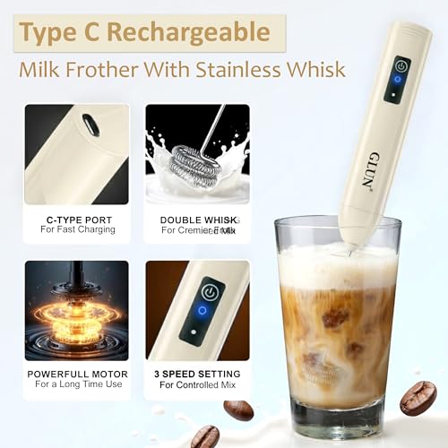 Image of GLUN Portable Coffee Frother Vibe Olive Green Colour 1 Piece, Type-C Port Rechargeable Handheld Milk Frother with 2-Layer Detachable Steel Whisk, Fast Foam Maker for Latte, Cappuccino & Coffee