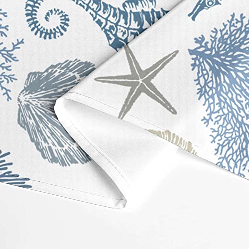 Coastal Fabric Tablecloth Nautical Seahorse Coral Print Waterproof Table Cloth For Rectangle Tables Beach Seashell Starfish Decor For Kitchen Dining Room Oblong Table Covers,60X84 Inches, Blue White #TOP5