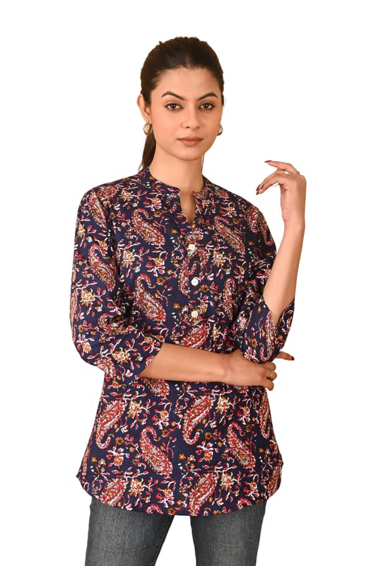 Levi's Latest Cotton Printed Short Kurti for Women Mandarin Collar V Neck Design 3/4 Sleeves Kurta Ladies Tunics Jeans Top Casual Office Wear in multi