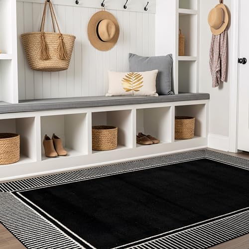 Rugshop Modern Bordered Distressed Area Rug for Living Room Black 4' x 6'