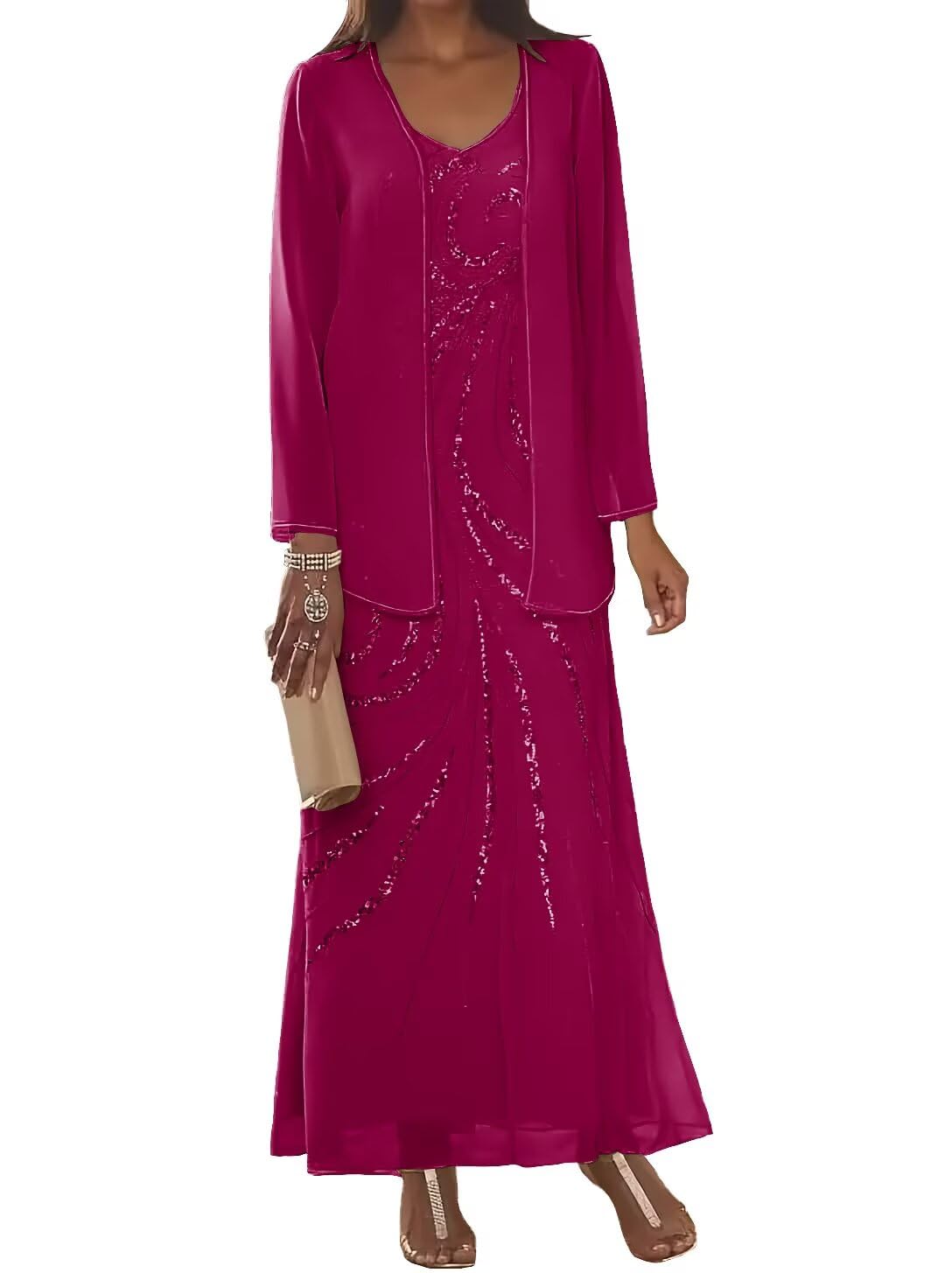 Sequin 2 Pieces Mother of The Bride Dresses for Wedding with Jacket Beaded Wedding Guest Dress Long Sleeve Evening Gown