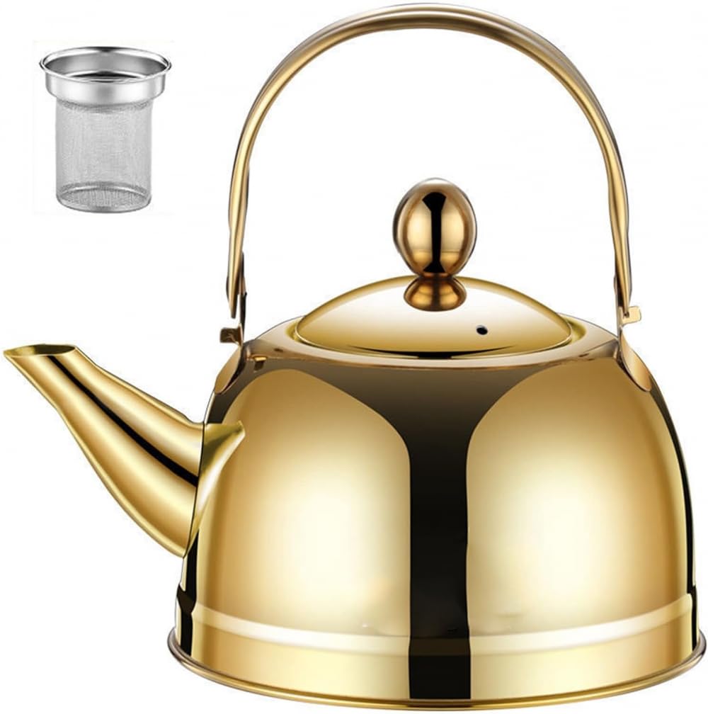 Stove Top Kettle, with Stainless Steel Infuser, Foldable Ergonomic handle, for Kitchen Stovetop Gift-Gold||2.4L