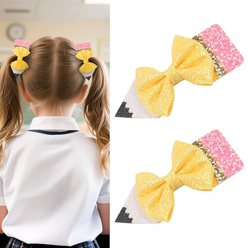 Back to School Pencil Bows Hair Clips First Day of School Hair Clip Glitter Sparkly Yellow Hair Bows 5 Alligator Clips Hair Barrettes for Teens Toddler Girls Kindergarten 1st 2nd 3rd 4th 5th Grade