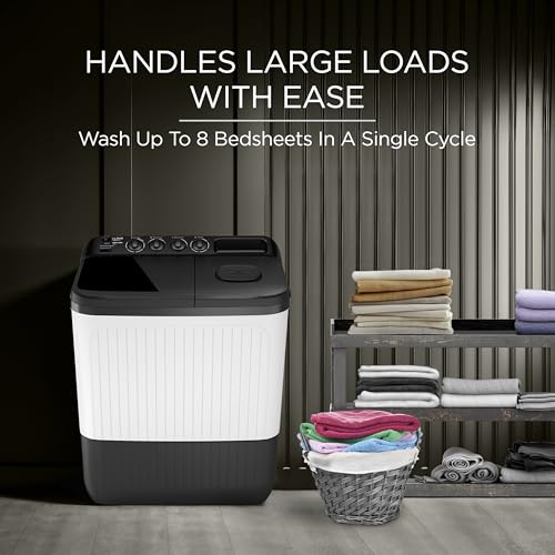 Image of Lloyd 8 kg 5 Star Semi Automatic Top Load Washing Machine |1300 RPM | Detergent Storage Zone | 3 Wash Programs | Swift Dry | Magic Filter, (GLWS805AODDG, Dark Grey and White)