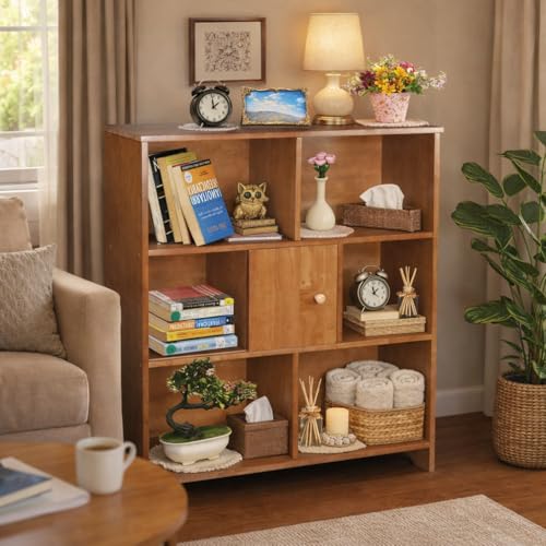 Image of 7 Cube Storage Organizer Wooden Bookshelf, 7 Cube Shelf Bookcase, Small Bookshelf Storage Organizer, 7 Cube Storage Shelf for Bedroom, Small Bookshelf for Living Room and Office (Natural, 7)