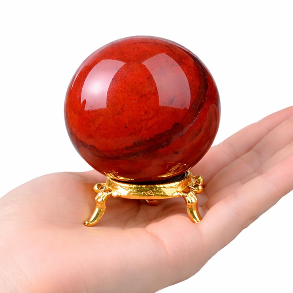 Crocon Sfera di cristallo di diaspro rosso con sfera di pietre preziose con supporto Sfera curativa Scultura Figurina per Fengshui Divinazione Decorazione per la casa Fotografia Dimensioni: 50-60mm