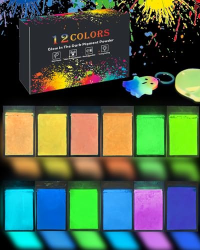 Luckymica Glow in The Dark Pigment Powder 12 Colors Mica Powder, Epoxy Resin Dye Luminous Pigments 10g/0.35oz Each Bag for DIY, Crafts, Nail Art, Acrylic Paint,...