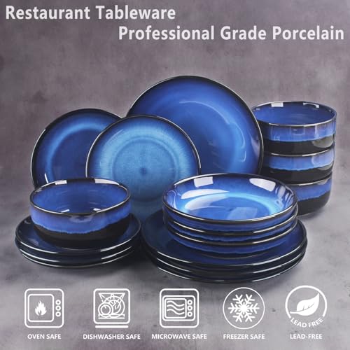 Image of Ceramic Plate and Bowl Set, 16 Pieces, Dinnerware Set, Serves 4, Modern Dinner Salad Plate | Cereal Bowl, Microwave and Dishwasher Safe Kitchenware, Starry Blue