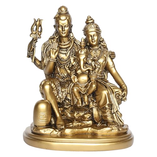 Image of ARTVARKO Lord Shiva Parvati and Ganesha Resin Murti Shiv Family Parivar with Shivling Idol Gold Color 6.5 Inch.