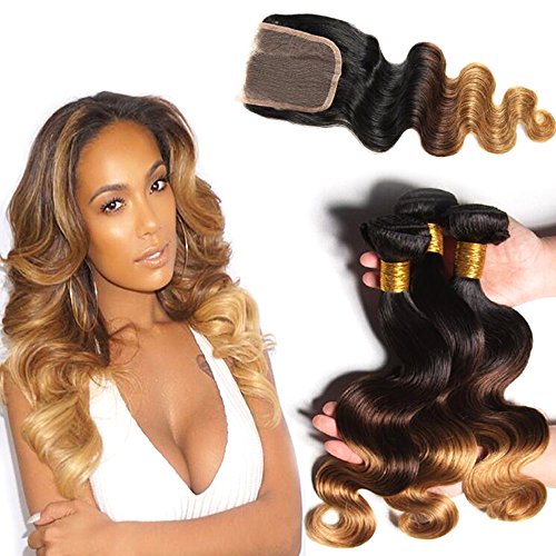 Hairitory Hair 8A Malaysian Virgin Hair With Closure Malaysian Body Wave With Closure Ombre 3 Bundles Blonde Human Hair Weave With Lace Closure (14 16 18+12, 1B#/4#/30#)