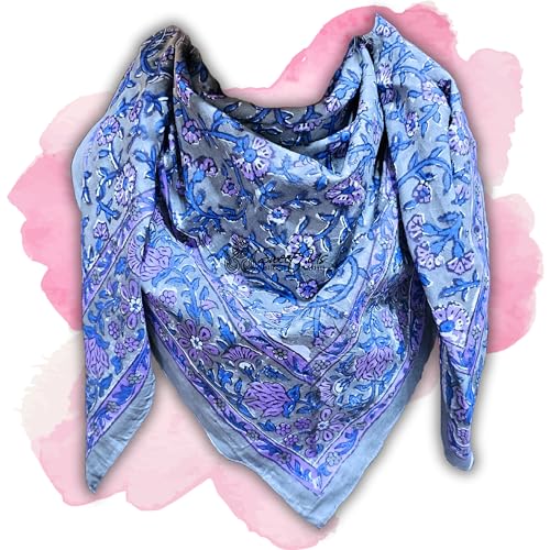 Lightweight Soft Cotton Floral Scarf for Women and One Pouch, Bandana, Shawl, Wrap for Summer, Spring, Fall, Winter, Amista, Regal Slate, 20 x 20 in3