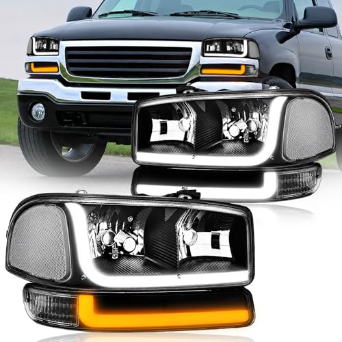 Fullux LED DRL Headlights Assembly Compatible with 1999-2007 GMC Sierra/2000-2006 Yukon XL 1500 2500 No Denali Models Replacements Clear Reflector Black Housing
