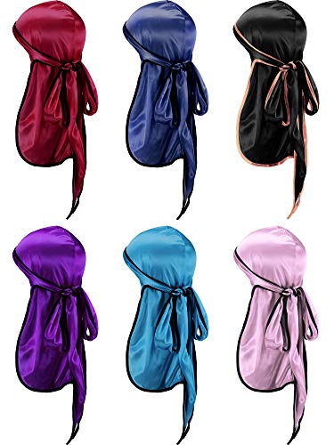 6 Pieces Satin Silky Headwraps Bandana Head Wrap Turban Hat with Extra Long Tail and Wide Straps (Color Set 2)