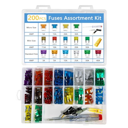 200Pcs Car Fuse Assortment Kit (40 Micro + 80 Mini + 80 Standard Blade Fuses) with Circuit Tester Pen – 3A/5A/7.5A/10A/15A/20A/25A/30A/40A for Auto, RV, Truck, Boat