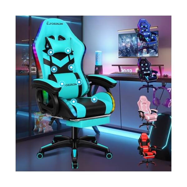 ELFORDSON LED Gaming Chair with 8-Point Massage, Swivel Office Chairs with Head Pillow Lumbar Support, Ergonomic Desk Chair with Armrests Footrest for Heavy Duty, PU Leather, Cyan