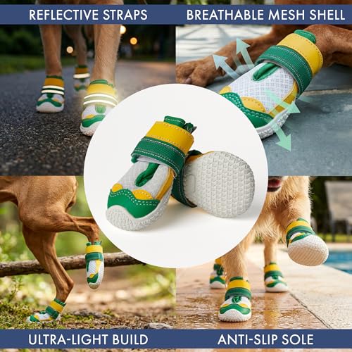 Image of Spark Paws Dog Shoes for Large Small Medium Dogs Breathable Dog Booties for Hiking, Summer Hot Pavement Paw Protectors for Non Slip Rubber Dog Boots for Outdoor (Green Yellow, Size 4)