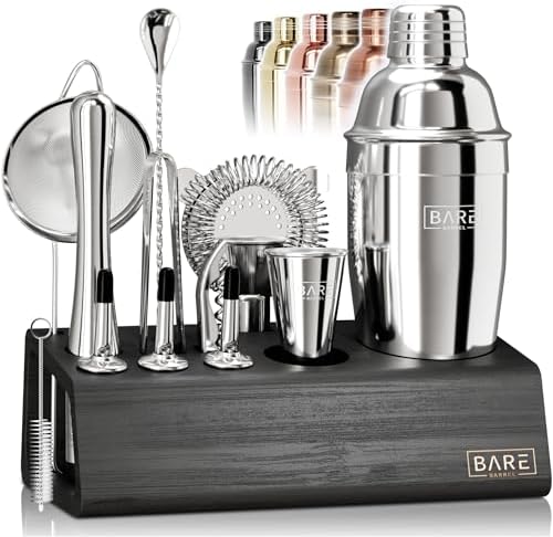 BARE BARREL Mixology Bartender Kit Bar Set | 16-Piece Cocktail Shaker Set | Martini Barware Mixing Tools for Home Bartending | Incl. 35 Recipe Cards | Gift Set (28oz Boston Shaker, Silver/Black) - Thumbnail 2