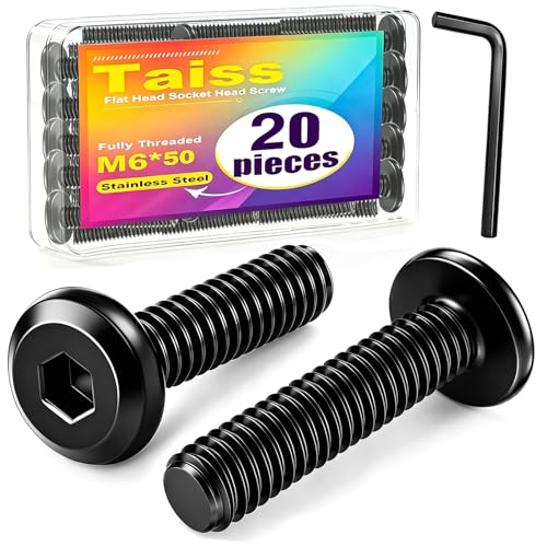Taiss 20pcs M6 x 50mm Flat Head Socket Head Screw Furniture Bolts,Furniture Screws Stainless Steel 18-8(304),M6 Bolts Black Zinc Plated Fully Threaded,Countersunk Connector M6 Screws with Hex Spanner
