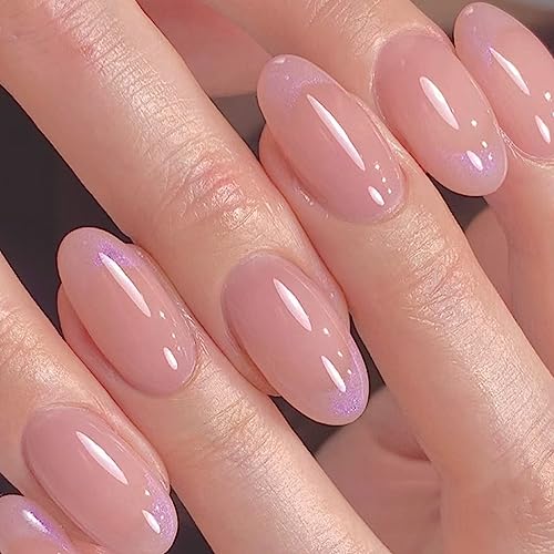 24 Piezas Almendra Uñas Postizas Cortas, Francesa Nude Rosa Uñas Falsas Acrilicas Brillantes Press on Nails, Ovaladas Cubierta Completa Artificiales Adhesivos de Uñas para Mujeres y Niñas