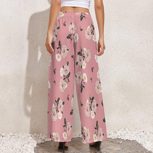 VOSERY Rose Flowers Pink Palazzo Pants for Women, Comfy Womens Wide Leg Baggy Pants, Casual Lounge Pants for Women4