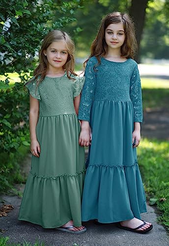 Image of MITILLY Girls Lace Flower Wedding Guest Long Maxi Dress for 6-12 Years | Girls Boho Dress, Girls' Special Occasion Dresses, Wedding Party, Size 6-12 Years, Ruffle Sleeve, A Line, With Pockets