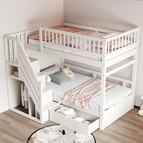 Etagenbett 90x200 Für 2 Kinder, Kinderbett Hochbett mit Treppe&Aufbewahrungsschrank&Schublade, Funktionsbett