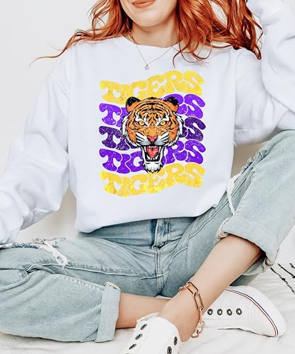 Olive Loves Apple Tigers Purple and Gold Unisex Sweatshirt for Adults and Kids Tiger Mascot Team Spirit Sweater3